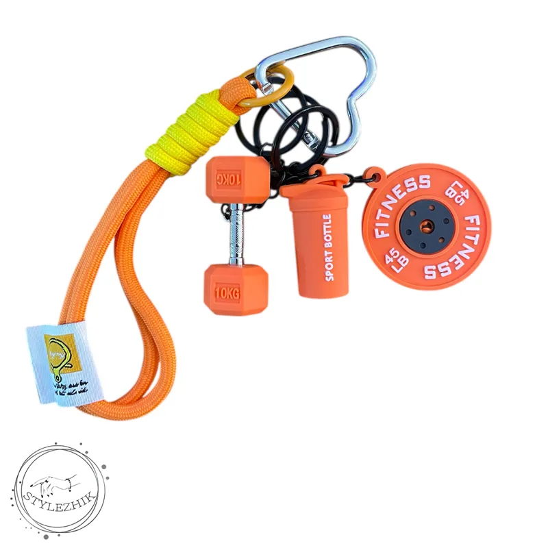چارم بگ فیتنسی نارنجی طرح دمبل، وزنه و شیکر | آویز کیف ورزشی دخترانه شاد و ترند