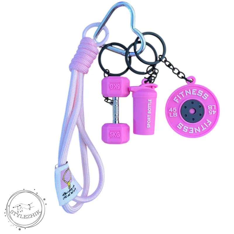 چارم بگ فیتنسی صورتی طرح دمبل، وزنه و شیکر | آویز کیف ورزشی دخترانه ترند